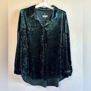 Cupio Dark Green Crushed Velvet Long Sleeve Dressy Button-Up Blouse Sz 3X